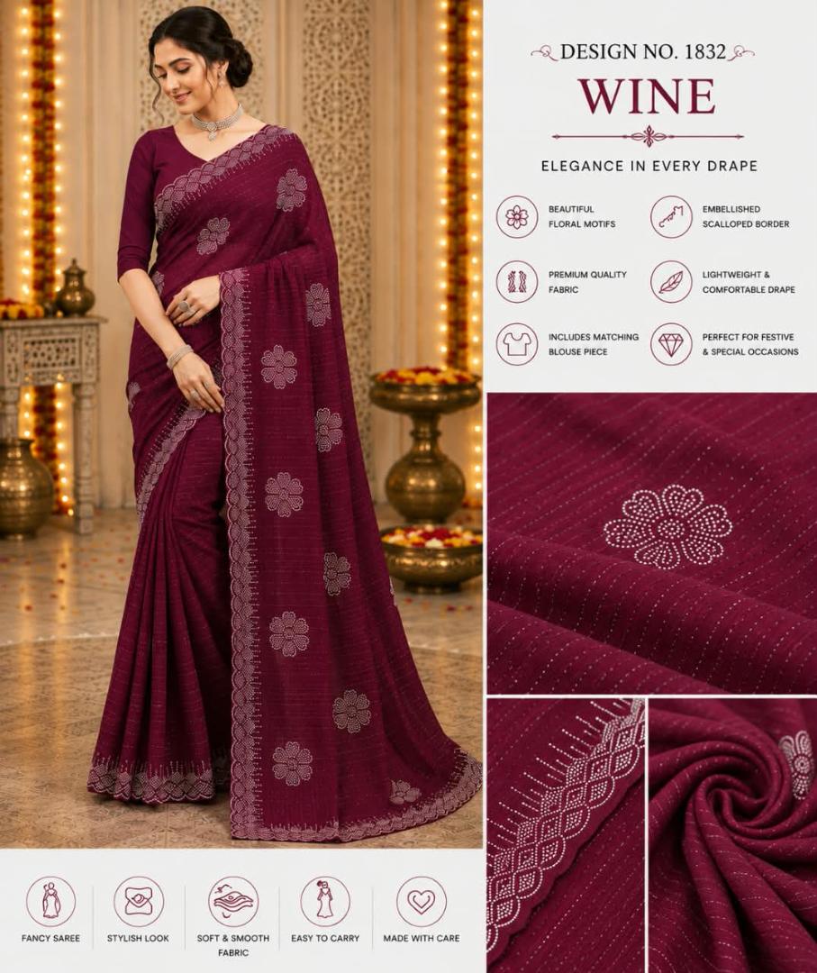 Designer Fancy Saree with Blouse – Embellished Floral Border