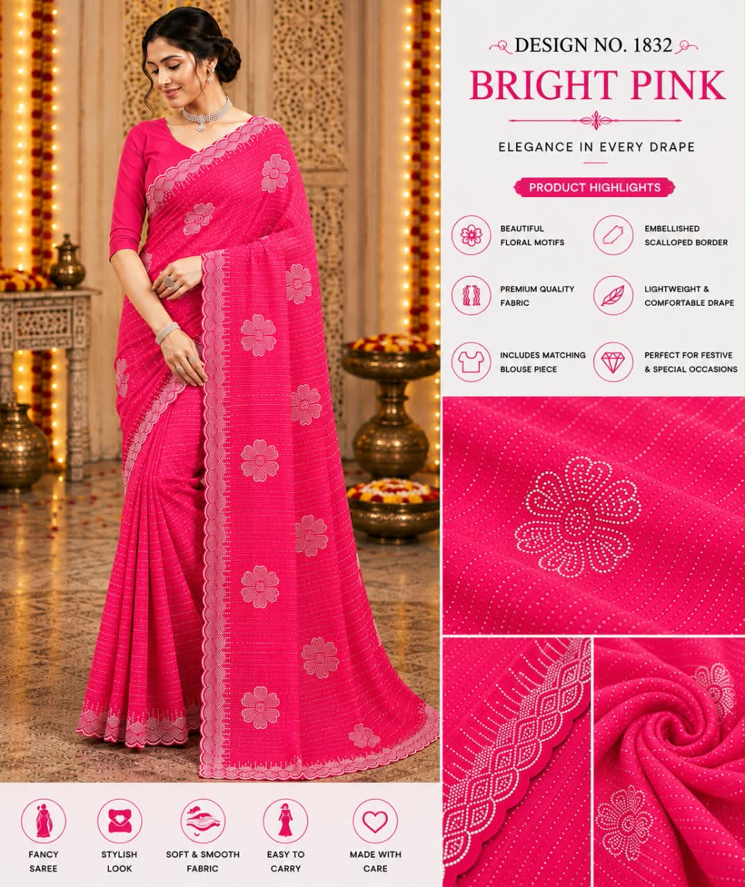 Designer Fancy Saree with Blouse – Embellished Floral Border