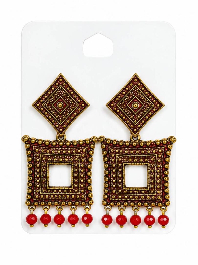 Elegant Gold-Tone Square Earrings with Red Beaded Drops