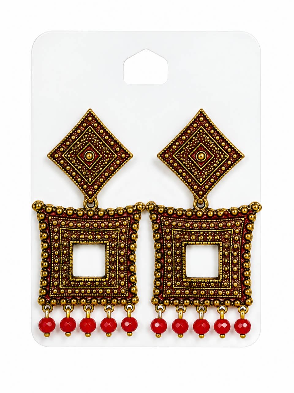 Elegant Gold-Tone Square Earrings with Red Beaded Drops