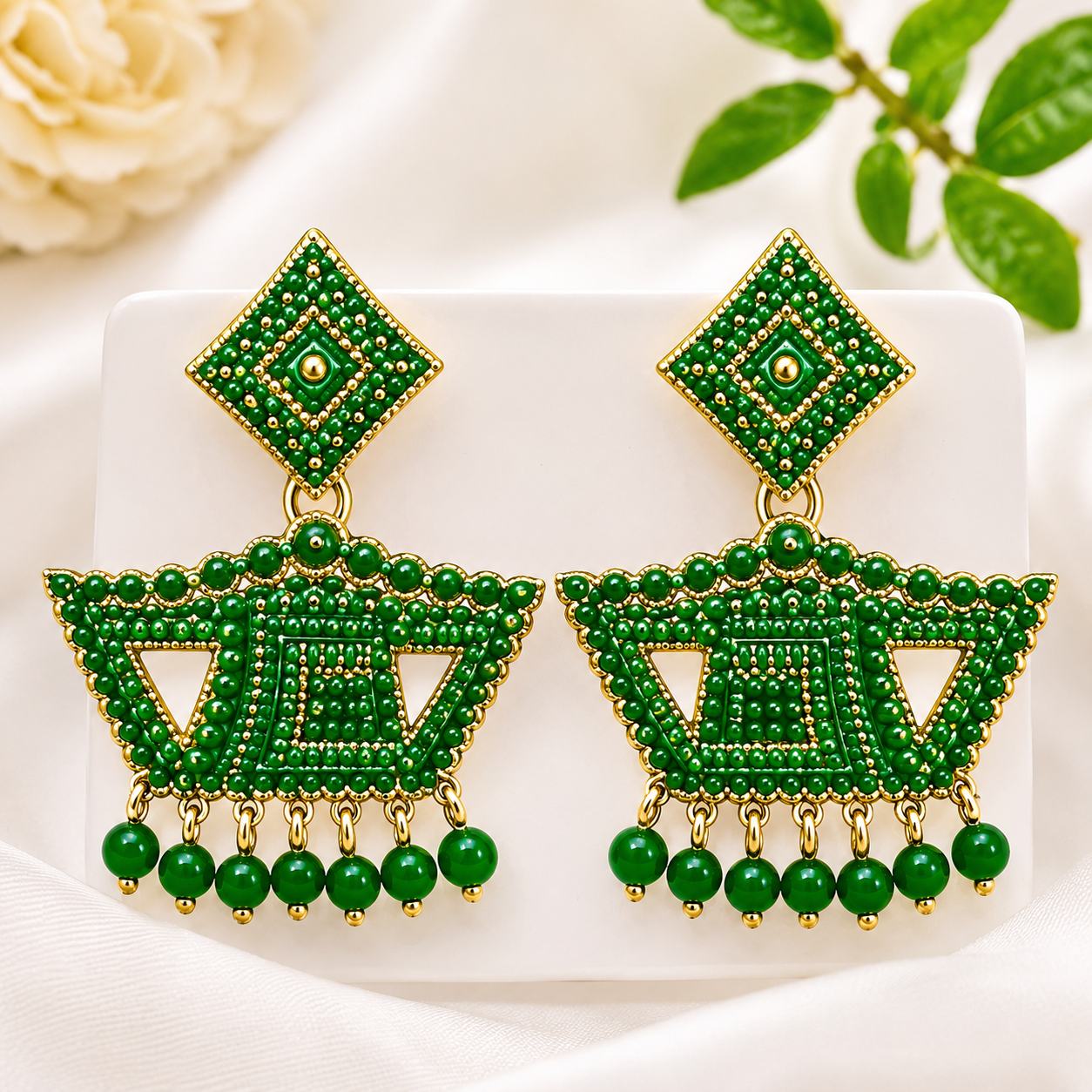 Green Geometric Statement Earrings