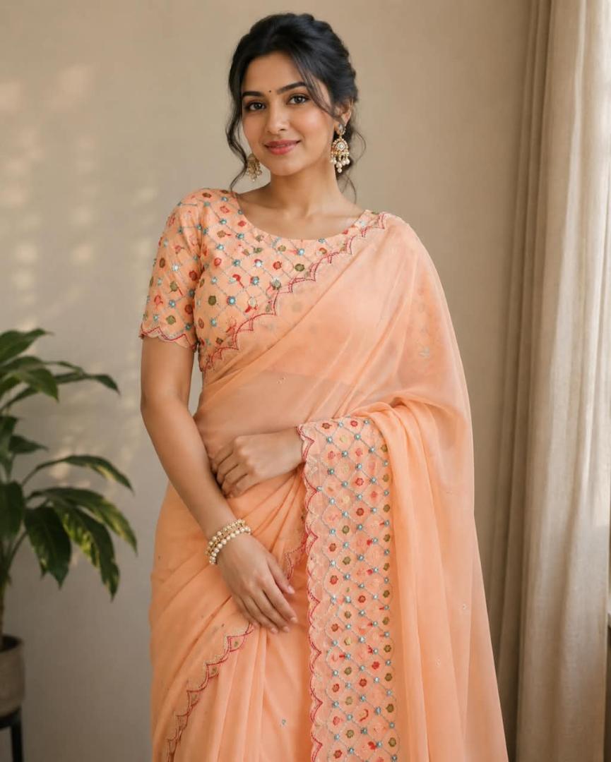 Palak Designer Embroidered Saree with Separate Designer Blouse Piece