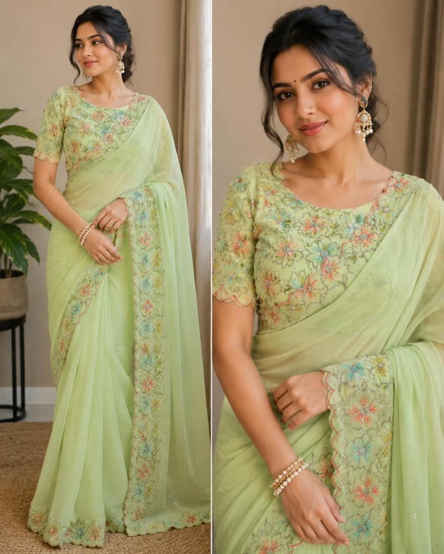 Palak Designer Embroidered Saree with Separate Designer Blouse Piece