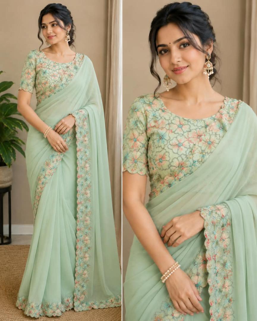 Palak Designer Embroidered Saree with Separate Designer Blouse Piece