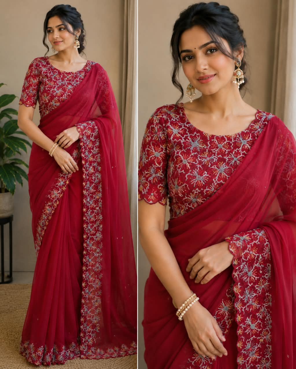 Palak Designer Embroidered Saree with Separate Designer Blouse Piece