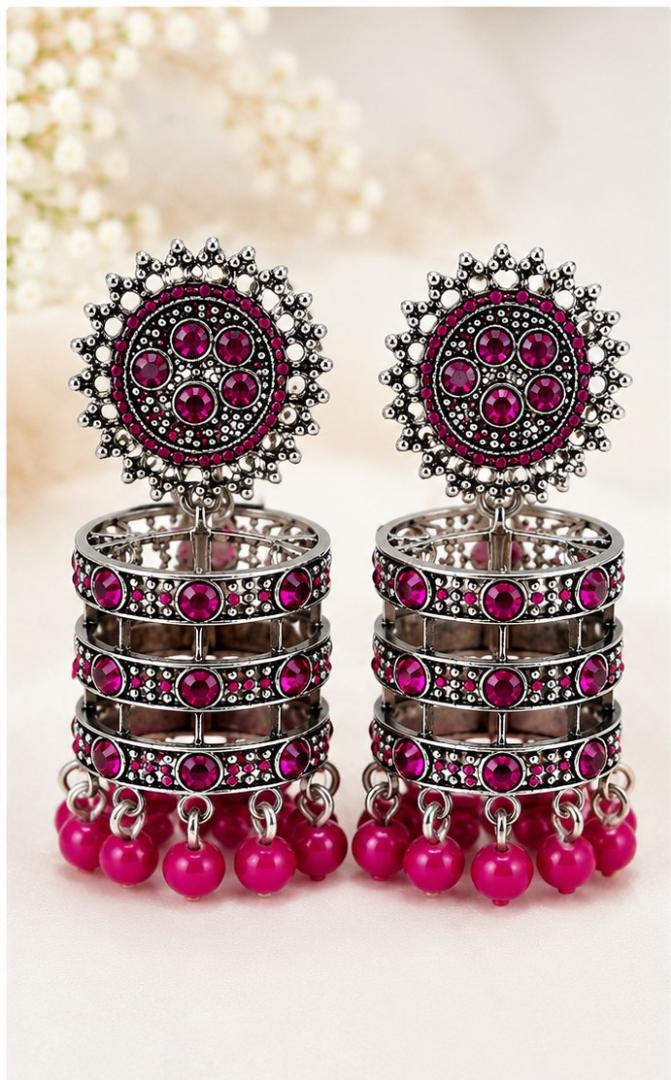 Pink & Antique Silver Designer Jhumka Earrings
