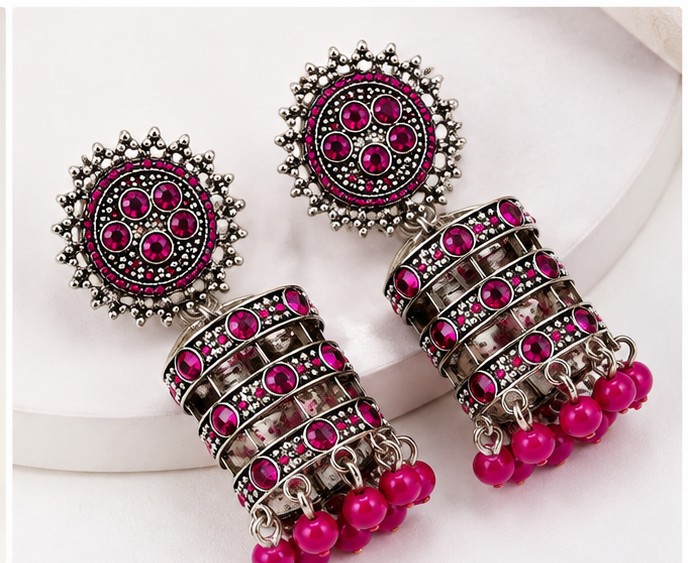 Pink & Antique Silver Designer Jhumka Earrings