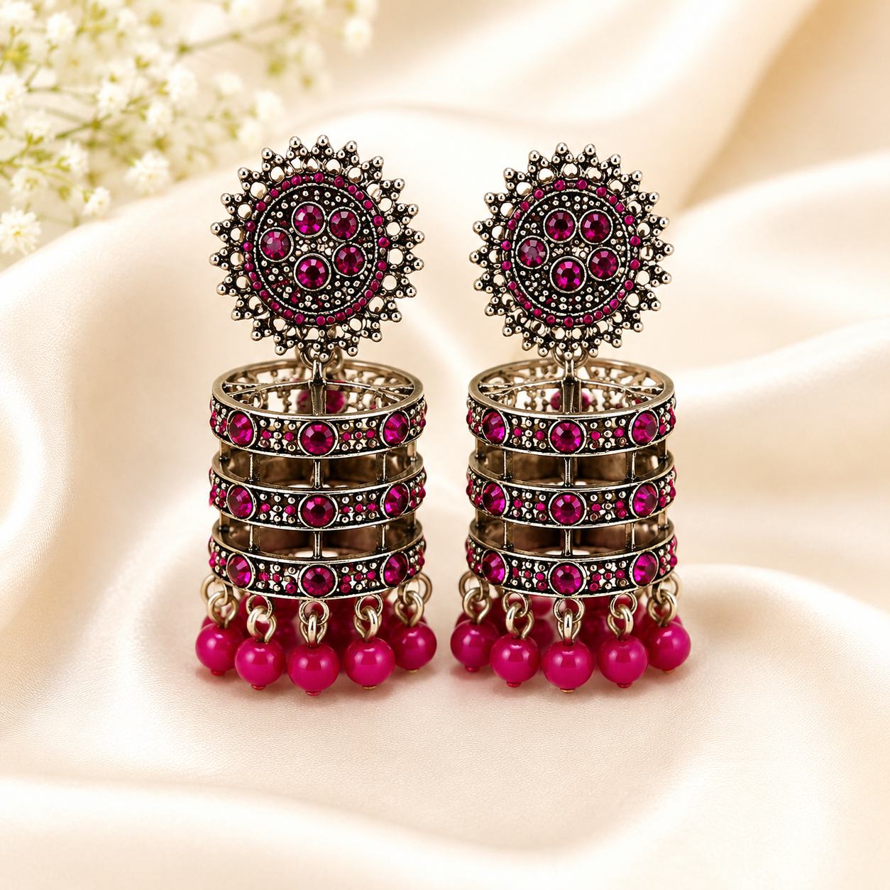 Pink & Antique Silver Designer Jhumka Earrings