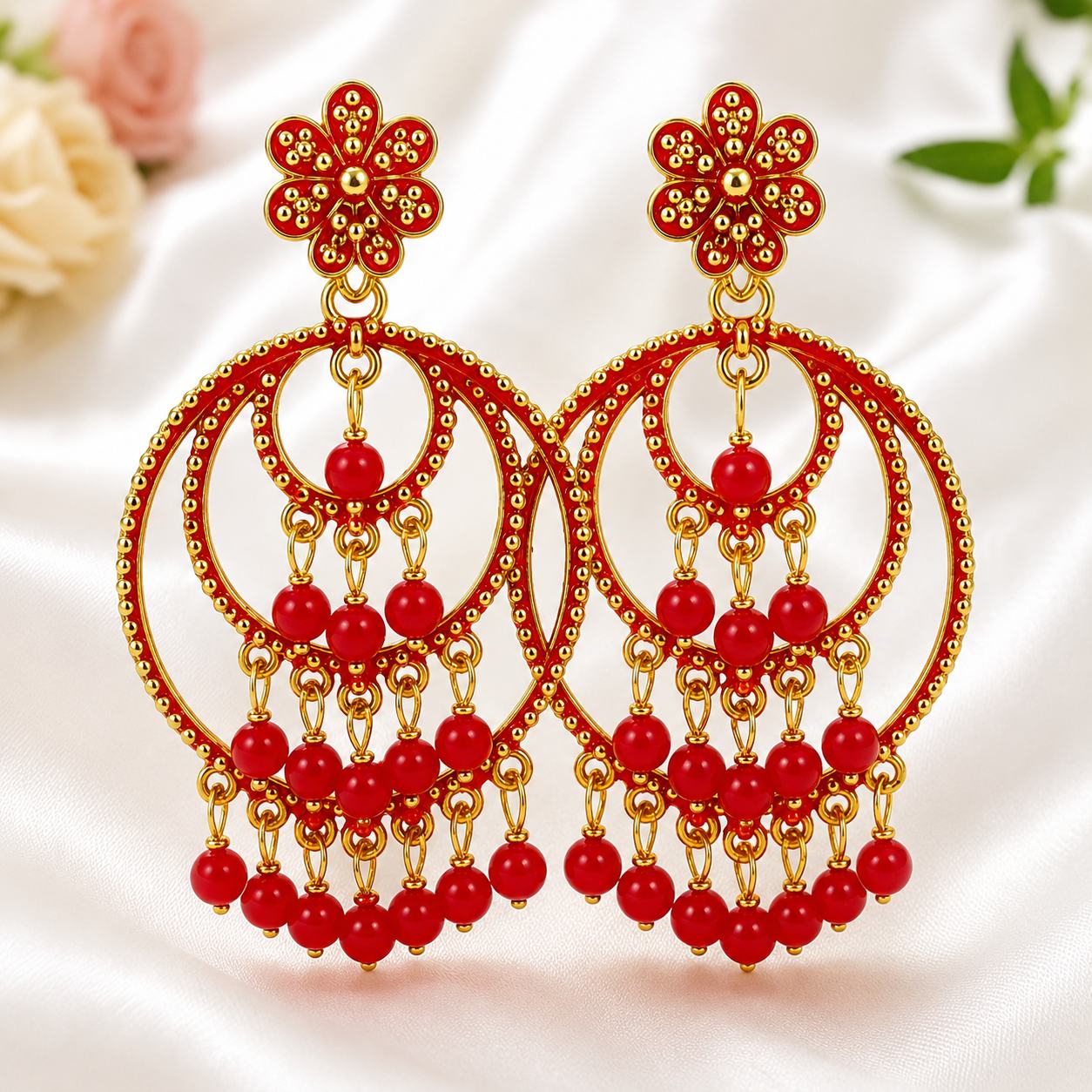 Red & Golden Designer Drop Earrings